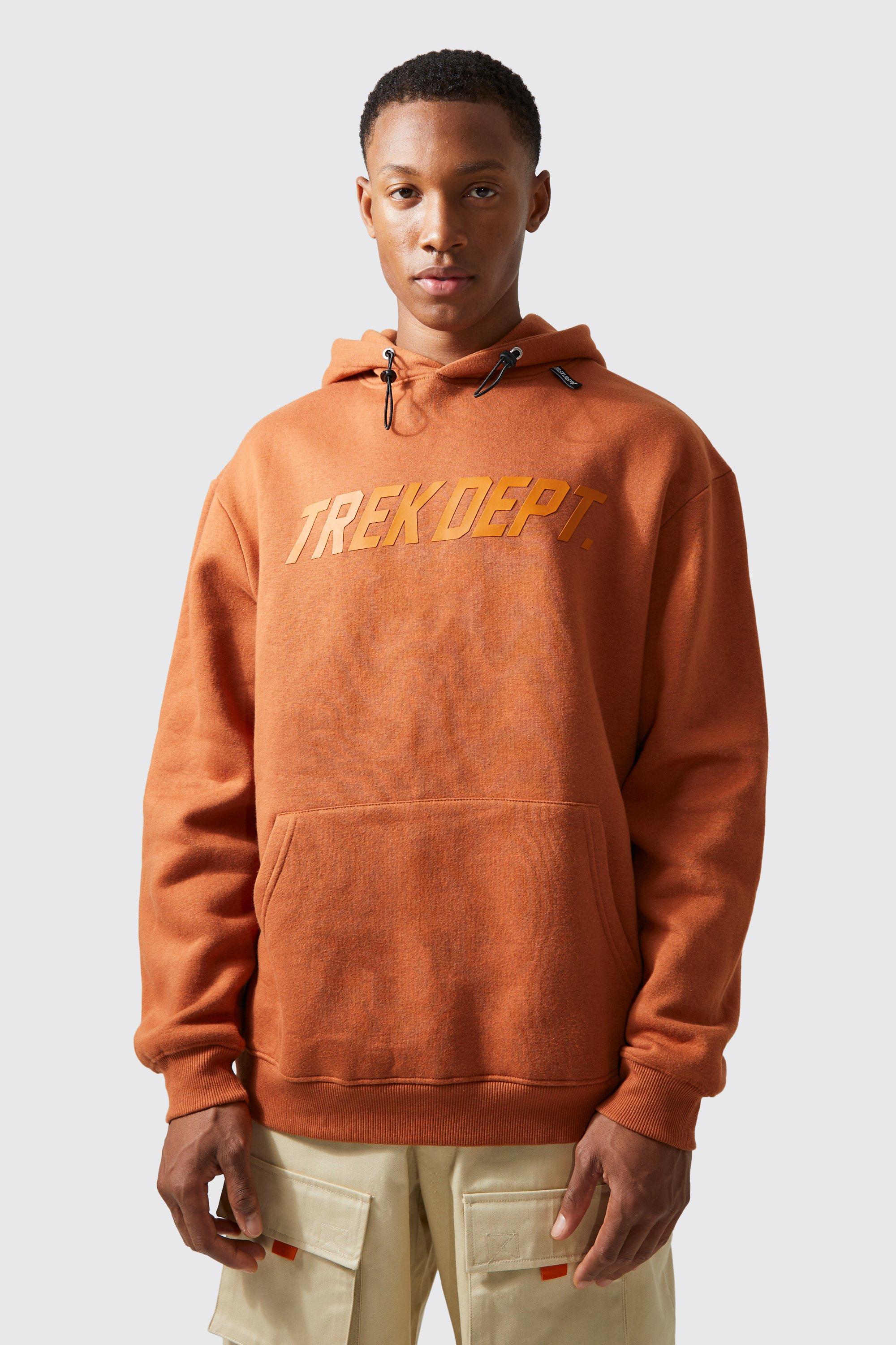 Mens Orange Active Oversized Trek Dept Woven Tab Hoodie, Orange